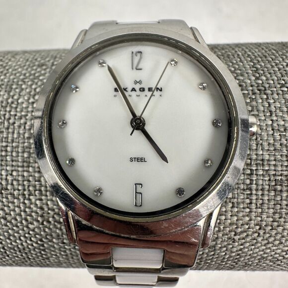 Skagen Watch Womens 30mm MOP Dial Steel White Silver Tone 6" Quartz New Battery - Picture 4 of 11